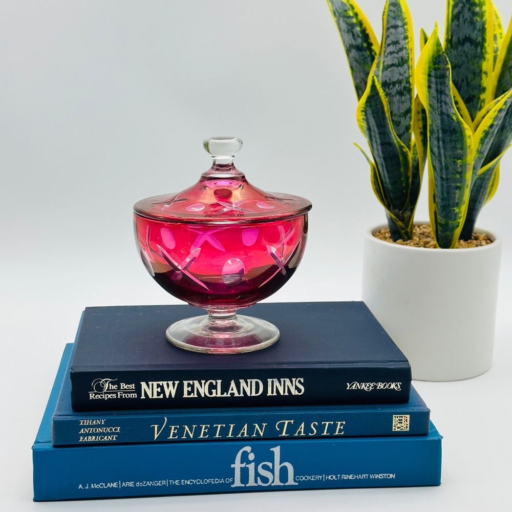Vintage Cranberry Cut To Clear Glass Footed Candy Dish‎ with Lid X and O Design